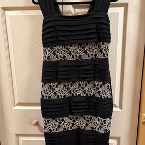 Valerie Bertinelli Black and metallic Beige Lace Midi Dress